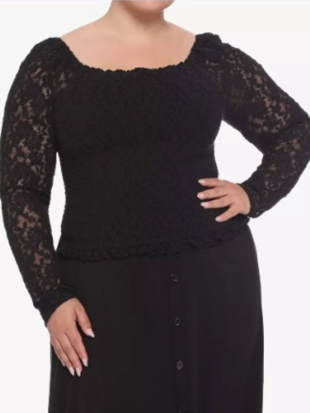 Hot Topic Size 2 Plus Black Smocked Body Sheer Lace Sleeve Off Shoulder Crop Top
